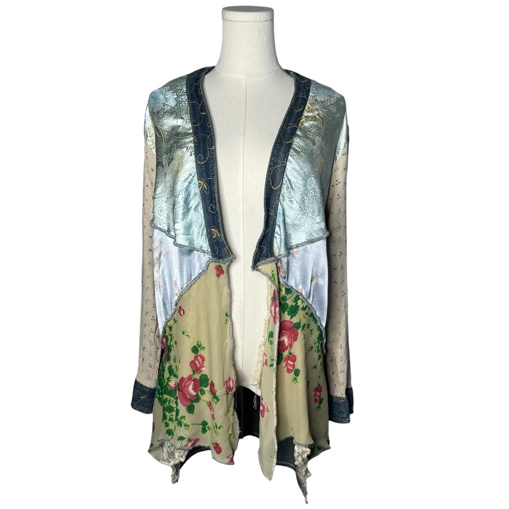 Vintage Boho Floral Mixed Print Lace Denim Topper Cardigan Artsy Art to Wear